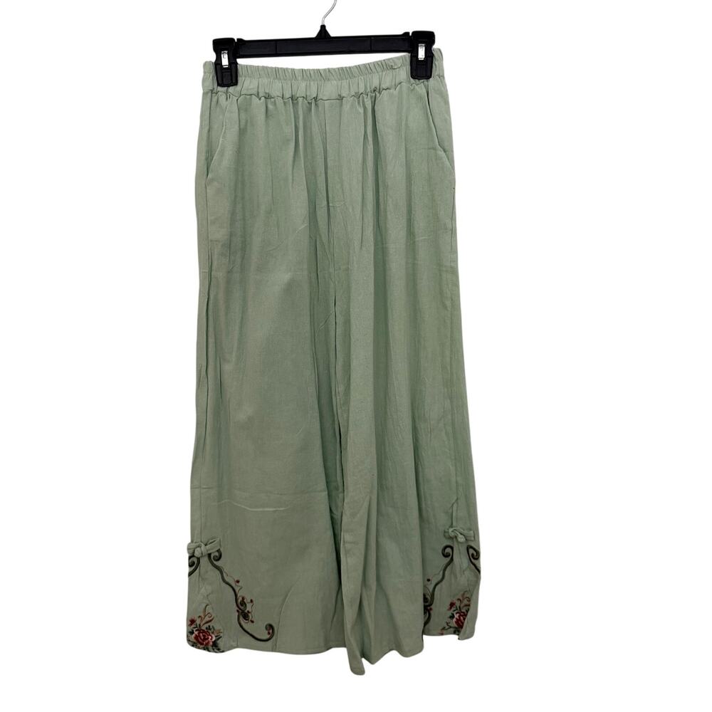 Womens Wide Leg Pants Palazzo Floral Embroidered Relaxed Lagenlook Green Sz S